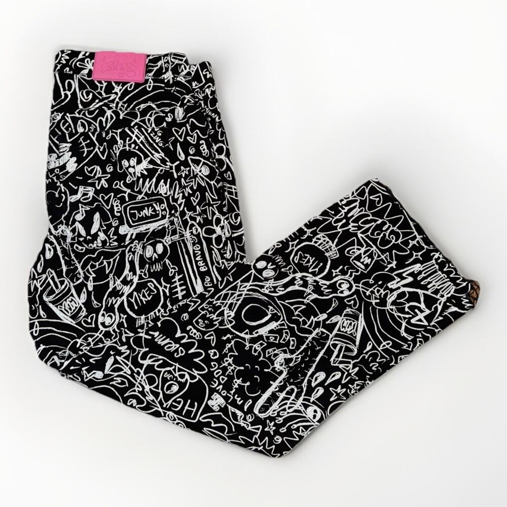 Salem7 Black Denim Jeans 32x30 All Over Graphic Print Streetwear Skater Pants